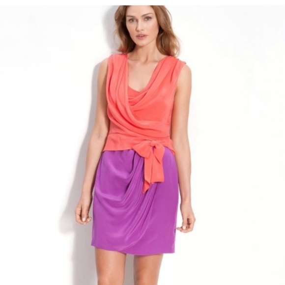 🌷Suzi Chin Coral Colorblock Faux Wrap Tie Dress 8 - Picture 1 of 4